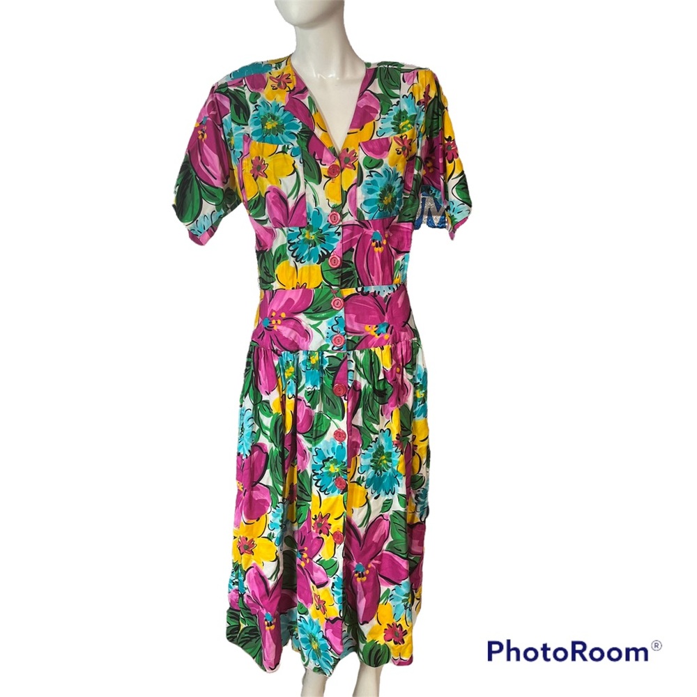 Vintage 80s Dress Bright Floral Maxi Long Pink Yellow Retro 13 Medium Spring